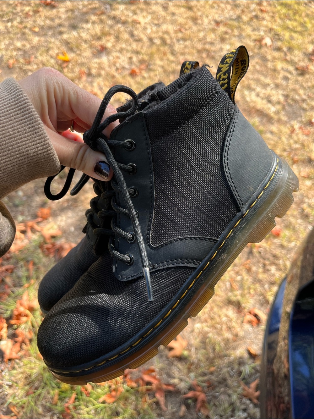 Dr. Martens Kids Black Lace-Up Combat Boots with Yellow Stitching